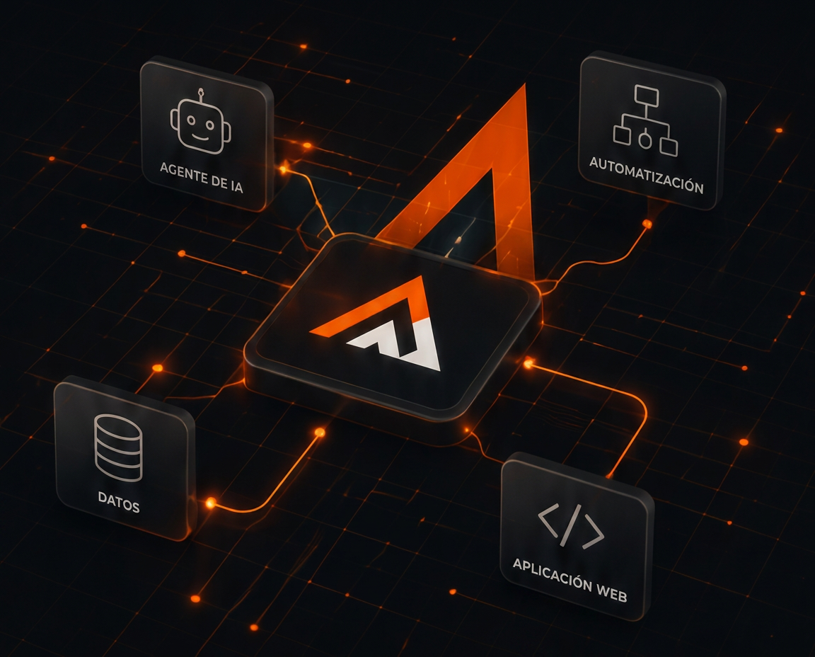 Esquema técnico de EngineSB: núcleo central conectado con nodos de Agente de IA, Automatización, Datos y Aplicación web